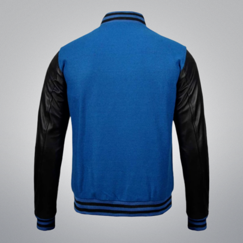 Blue Varsity Jacket With Leather Sleeves by Cuir Jackets USA
