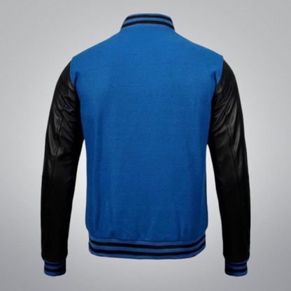 Blue Varsity Jacket With Leather Sleeves by Cuir Jackets USA