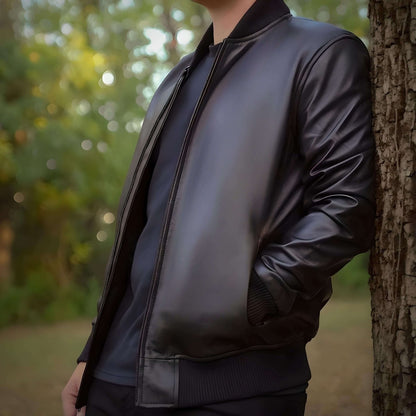 Classic Bomber Leather Jacket - Brown