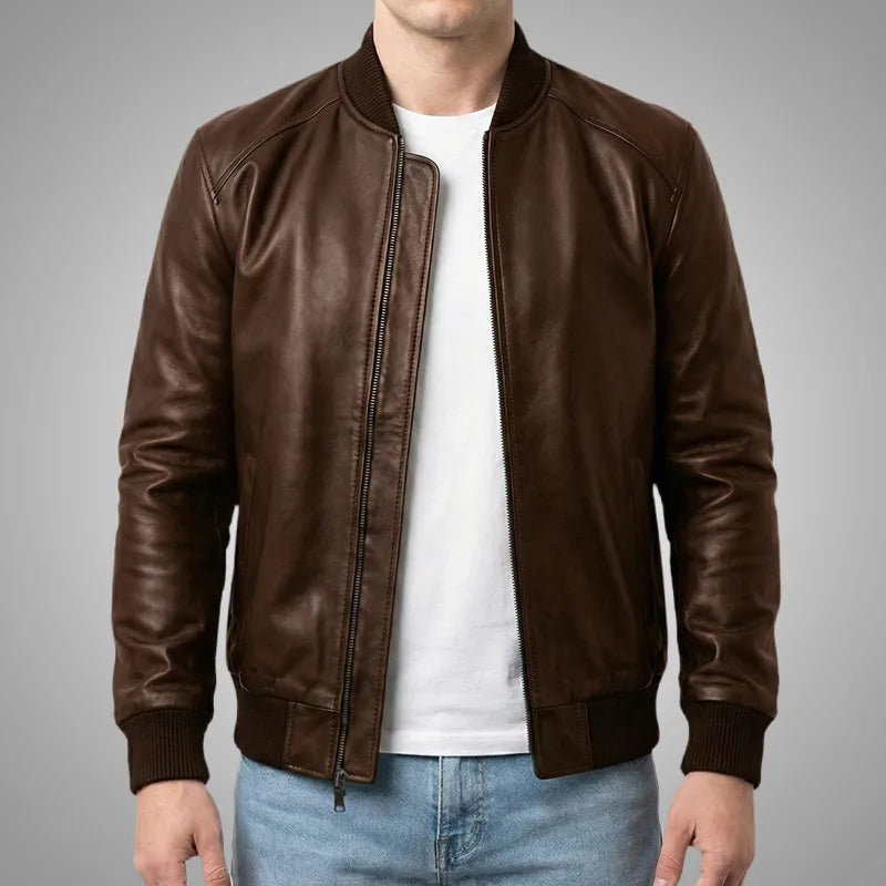 Classic Bomber Leather Jacket - Mahogany Shadow