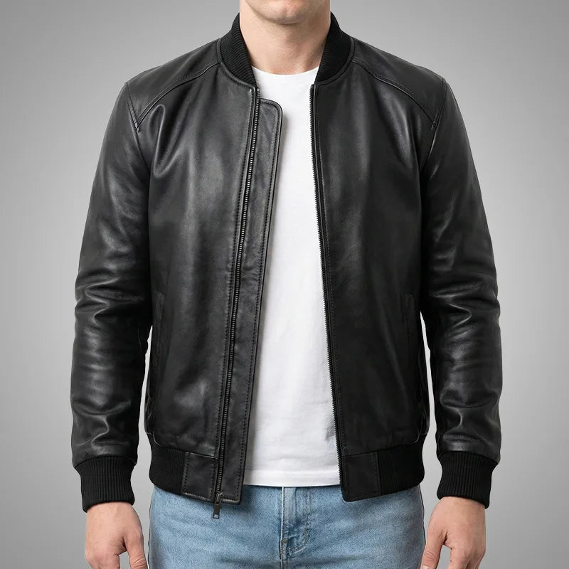 Classic Bomber Leather Jacket - Black