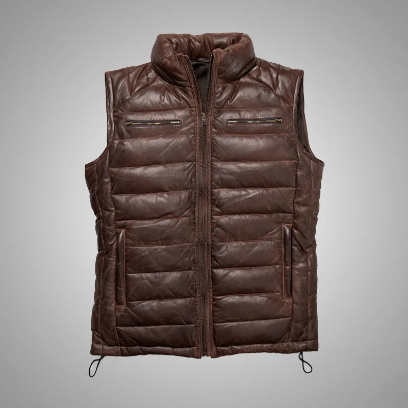 Brown leather vest on a gray background