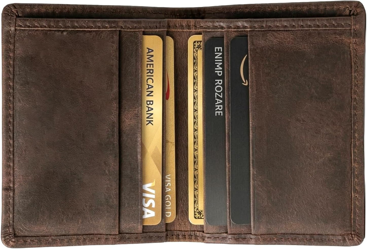 Men's brown top grain leather bifold wallet with RFID blocking and six card slots, by Cuir Jackets, shown with open design.