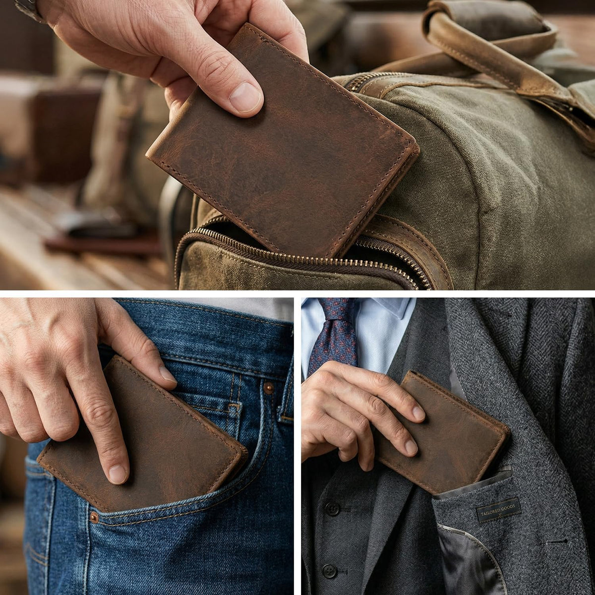 Men's brown leather bifold wallet by CuirJackets with RFID blocking, 9 card slots, and 2 ID windows.