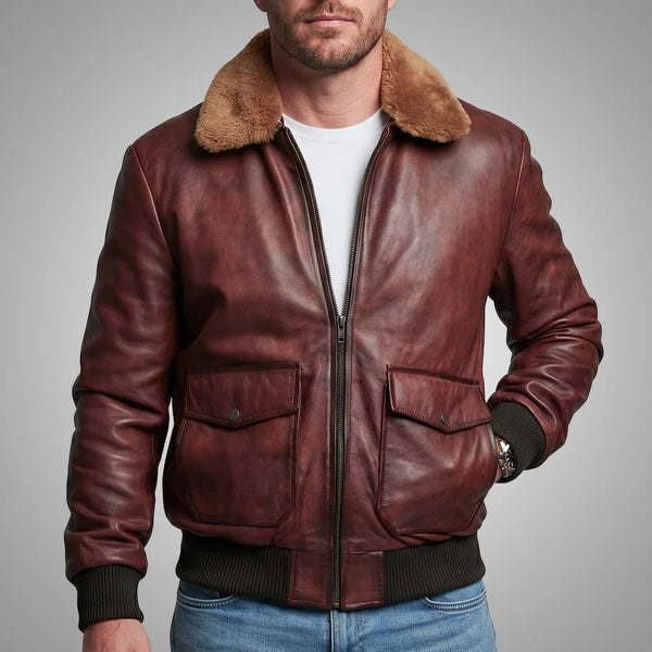Lambskin Leather Fur Collar Aviator Jacket - Brown | CuirJackets