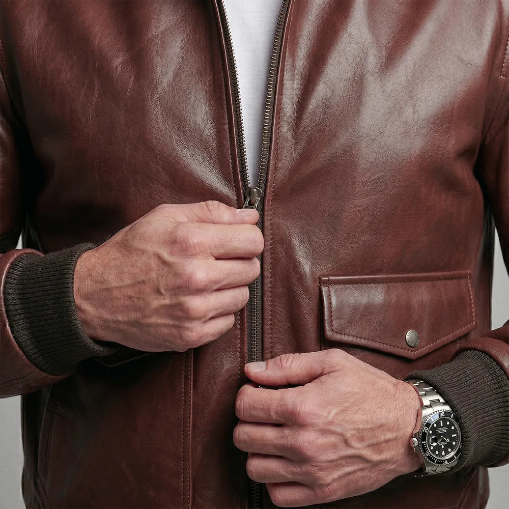 Lambskin Leather Fur Collar Aviator Jacket - Brown