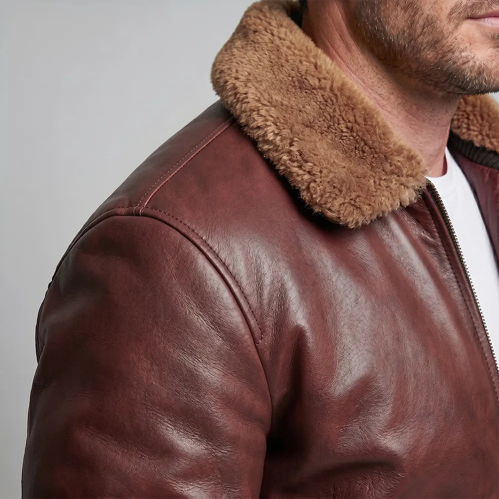 Lambskin Leather Fur Collar Aviator Jacket - Brown