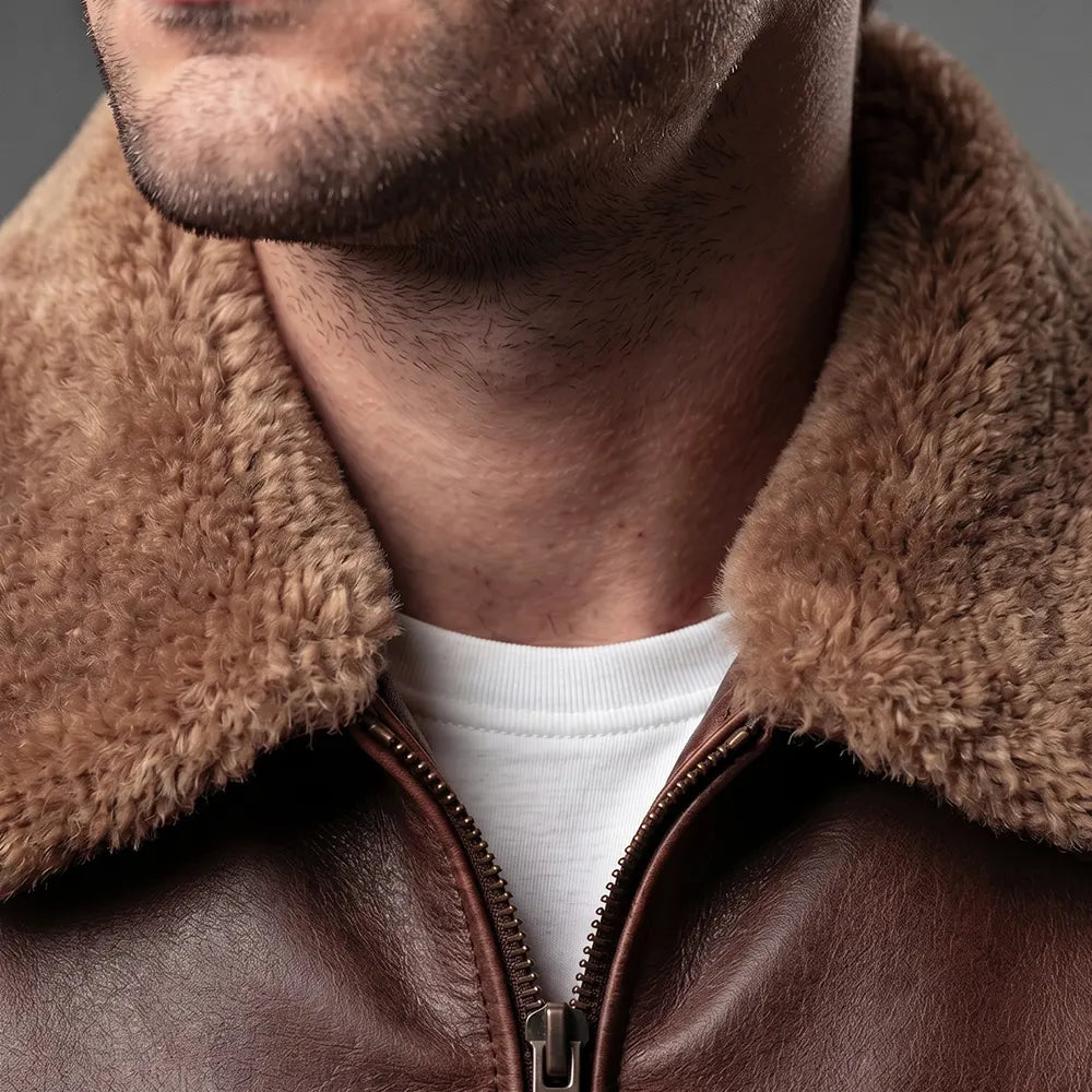 Lambskin Leather Fur Collar Aviator Jacket - Brown