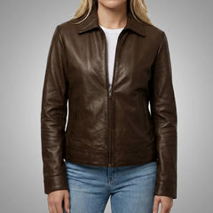 Women's Brown Lambskin Leather Jacket - Long Point Collar