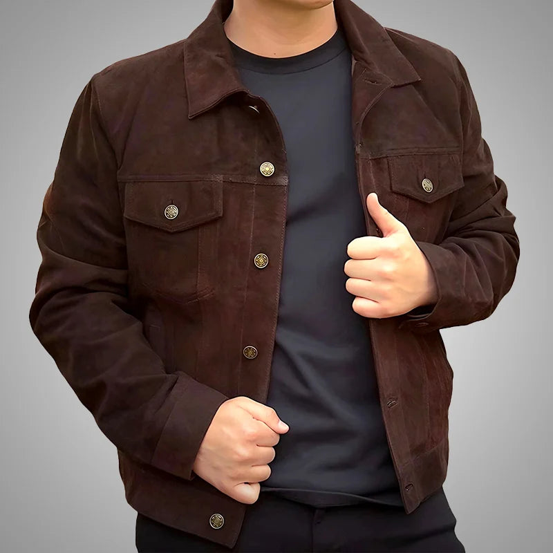 Heritage Ridge Dark Chocolate Brown Trucker Jacket - Real Goat Suede