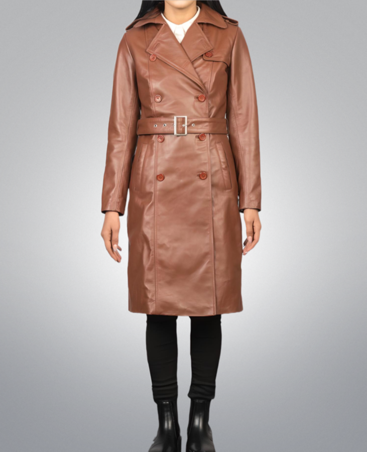 Brown Double Breasted Leather Coat