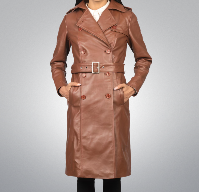 Brown Double Breasted Leather Coat