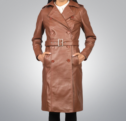 Brown Double Breasted Leather Coat