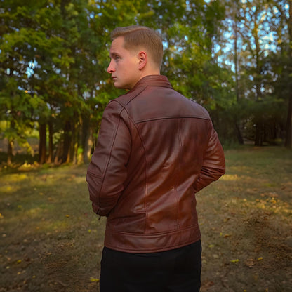 Brown Leather Biker Jacket by Cuir Jackets USA