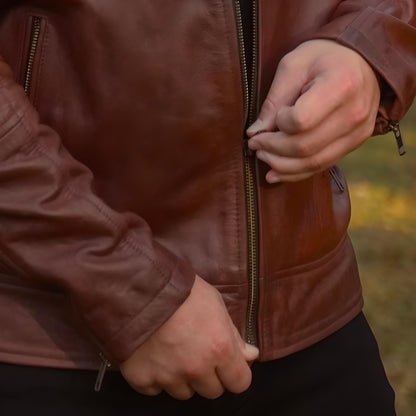 Brown Leather Biker Jacket by Cuir Jackets USA