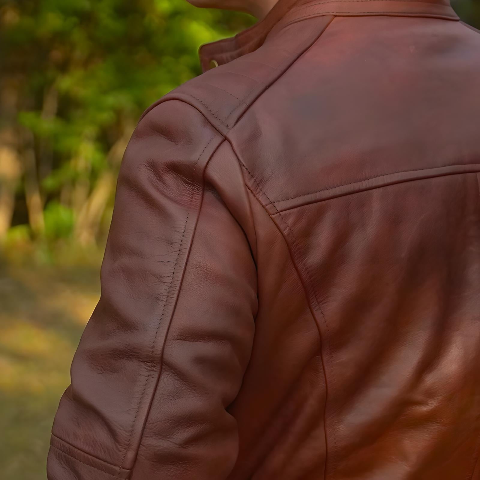Brown Leather Biker Jacket by Cuir Jackets USA