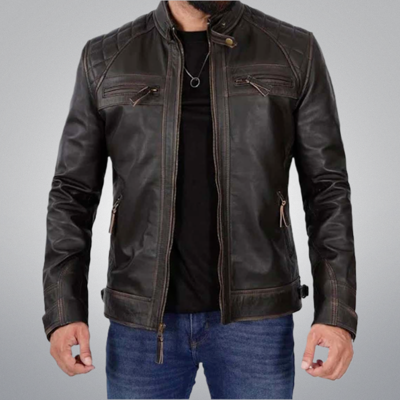 Brown Biker Jacket - Quilted by Cuir Jackets USA