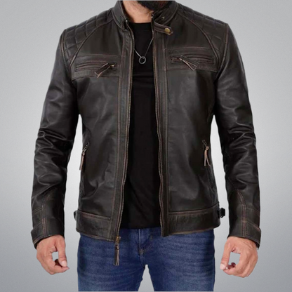 Brown Biker Jacket - Quilted by Cuir Jackets USA