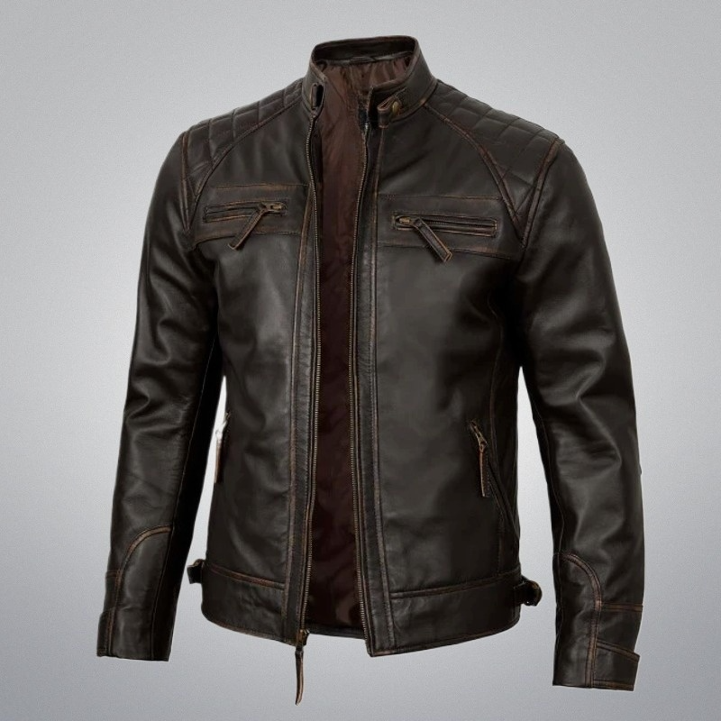 Brown Biker Jacket - Quilted by Cuir Jackets USA