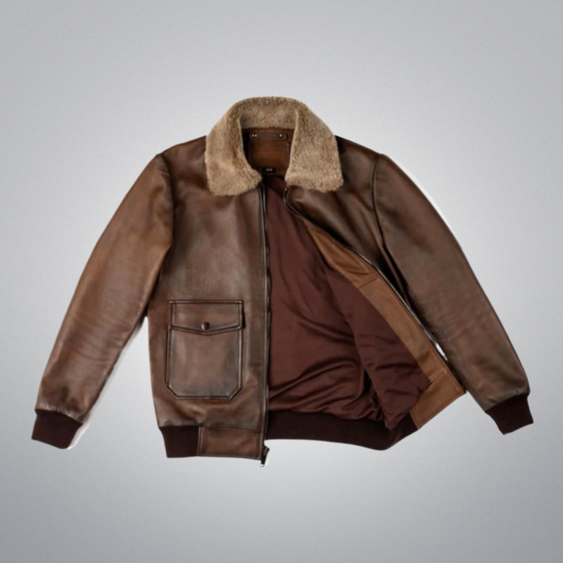 Camel Brown Fur Flight Jacket by Cuir Jackets USA