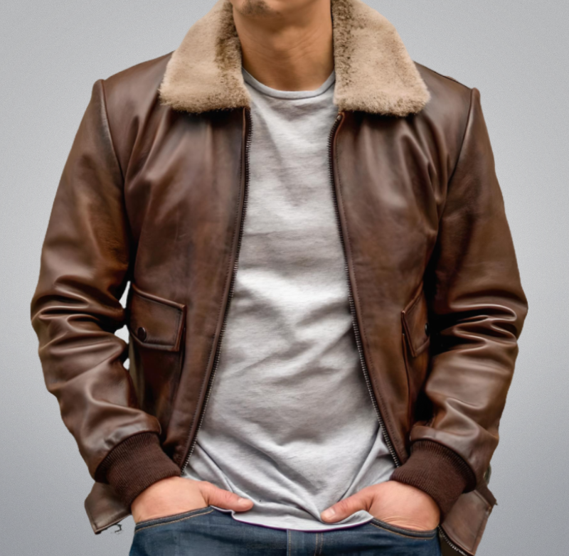 Camel Brown Fur Flight Jacket by Cuir Jackets USA
