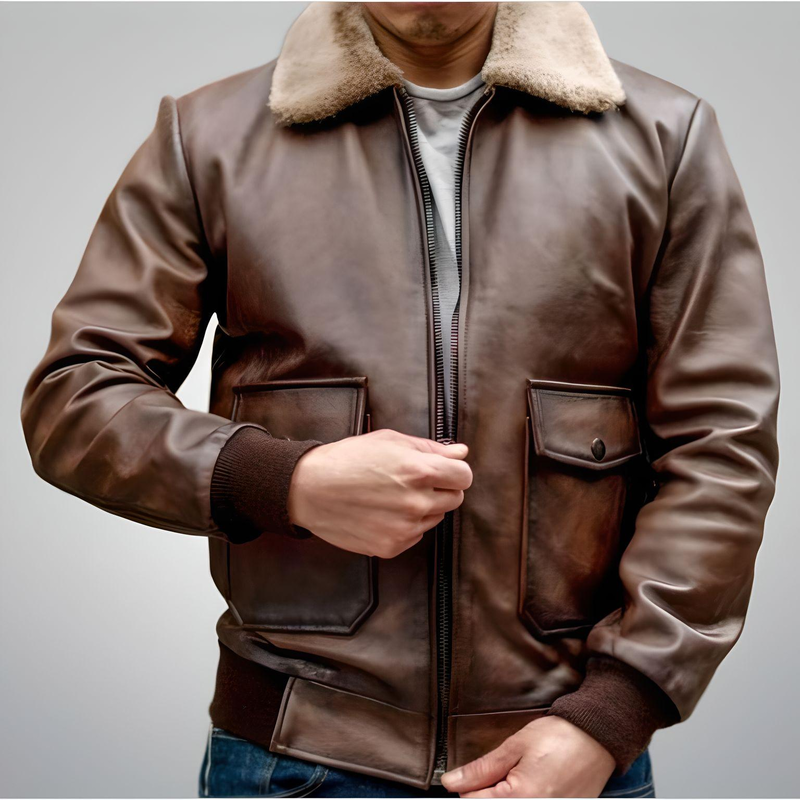 Camel Brown Fur Flight Jacket by Cuir Jackets USA