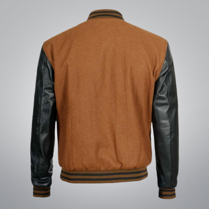 Brown Varsity Jacket With Leather Sleeves