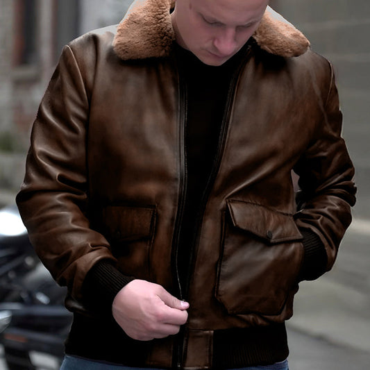 Camel Brown Fur Flight Jacket by Cuir Jackets USA