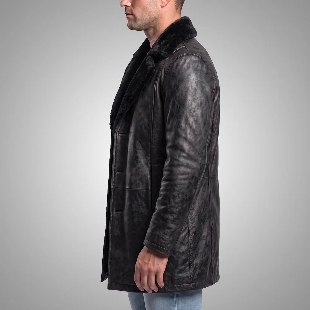 Men's Distressed Sheepskin Leather Fur Coat | Black