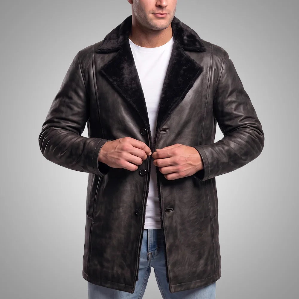 Men's Distressed Sheepskin Leather Fur Coat | Black