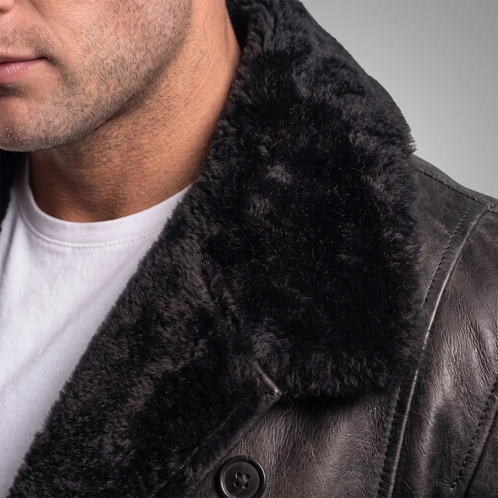 Men's Distressed Sheepskin Leather Fur Coat | Black