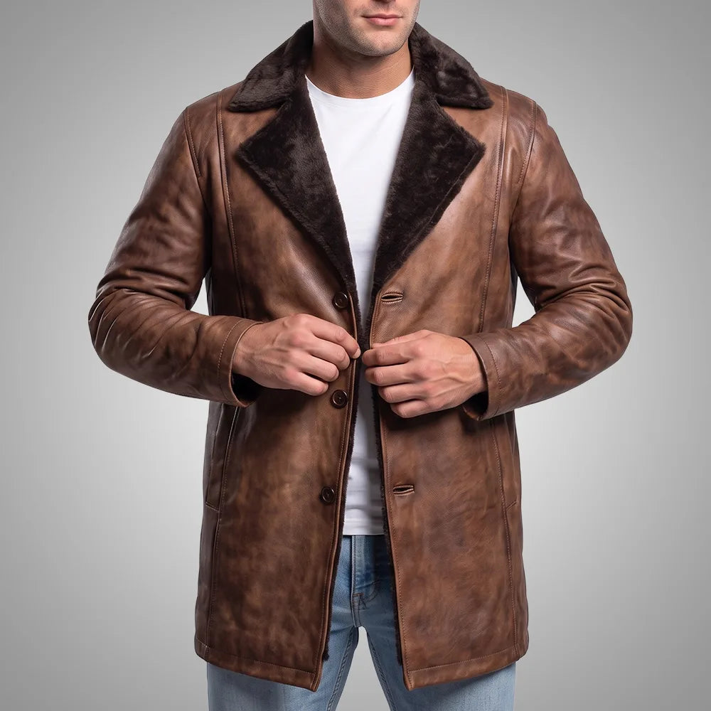 Men's Distressed Sheepskin Leather Fur Coat | Brown