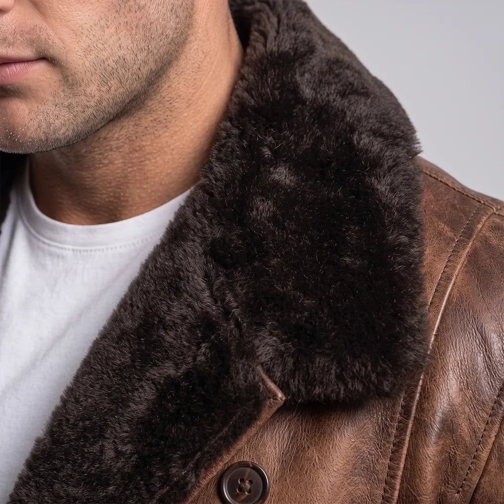 Men's Distressed Sheepskin Leather Fur Coat | Brown