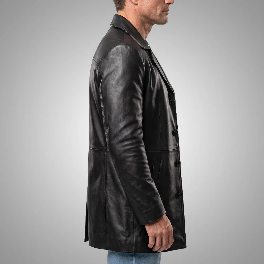 Men's Black Cowhide Leather Coat | Notch Collar