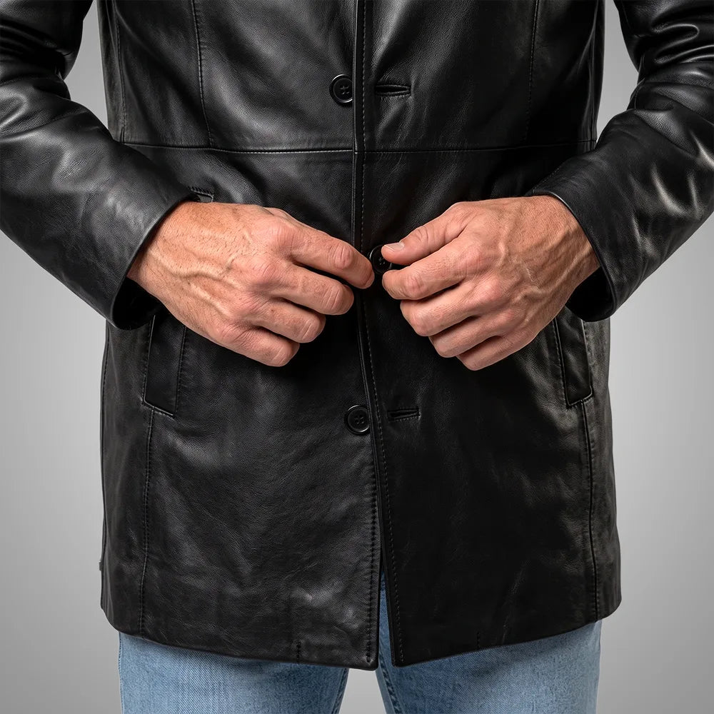 Men's Black Cowhide Leather Coat | Notch Collar