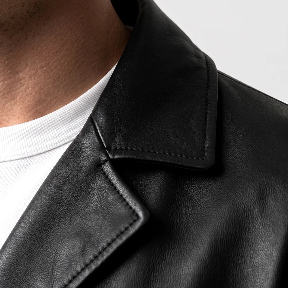 Men's Black Cowhide Leather Coat | Notch Collar