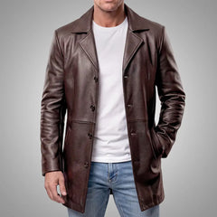 Men's Brown Cowhide Leather Coat | Notch Collar