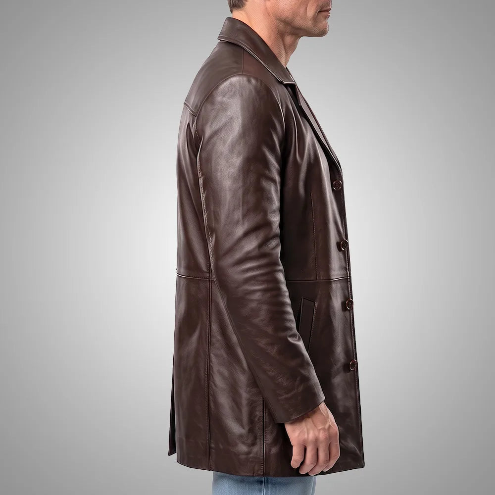 Men's Brown Cowhide Leather Coat | Notch Collar