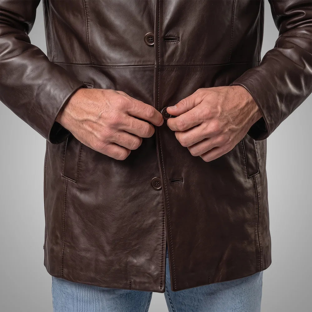 Men's Brown Cowhide Leather Coat | Notch Collar