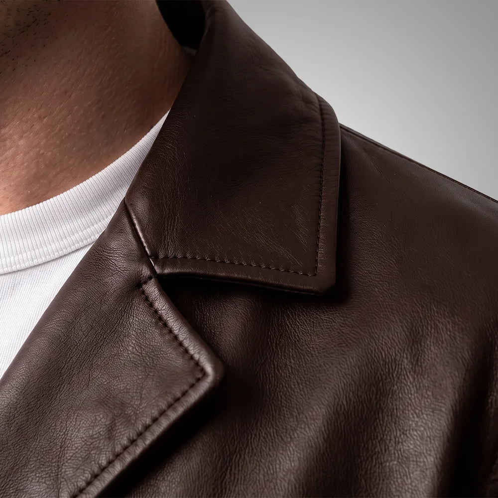 Men's Brown Cowhide Leather Coat | Notch Collar