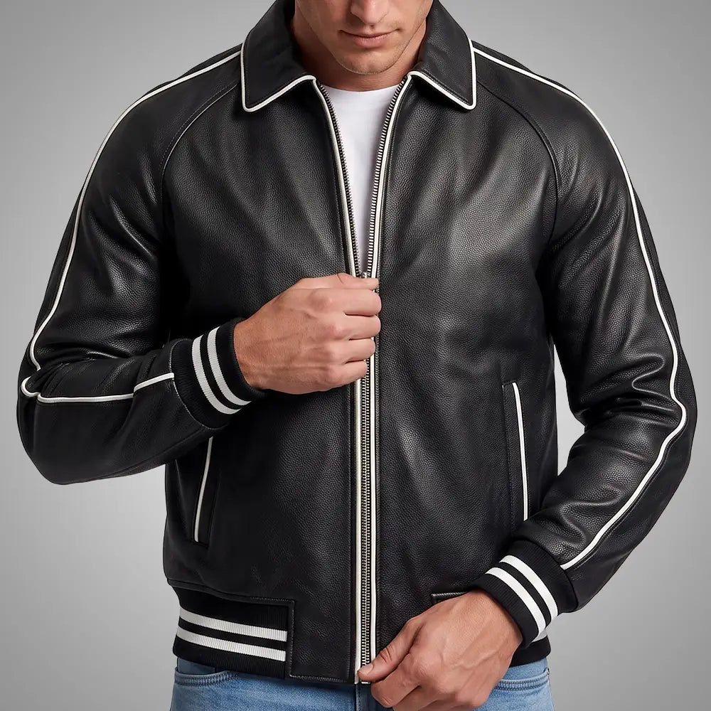 Walton Black Men's Leather Varsity Jacket | Real Sheepskin Jacket