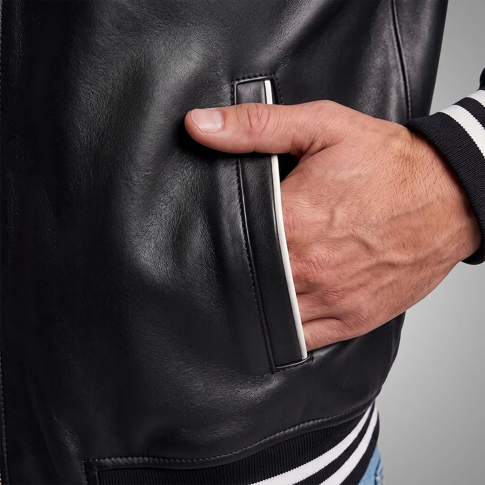 Walton Black Men's Leather Varsity Jacket | Real Sheepskin Jacket