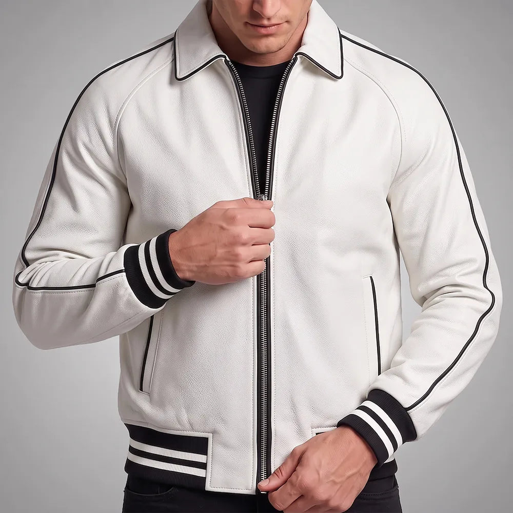 Walton White Men's Leather Varsity Jacket | Real Sheepskin Jacket