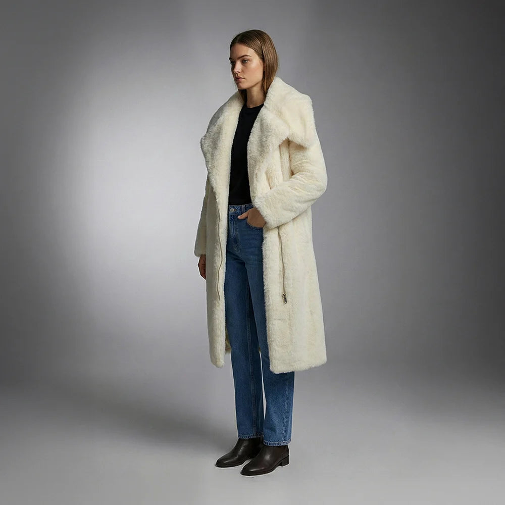 Cream Faux Fur Collar Padded Longline Jacket