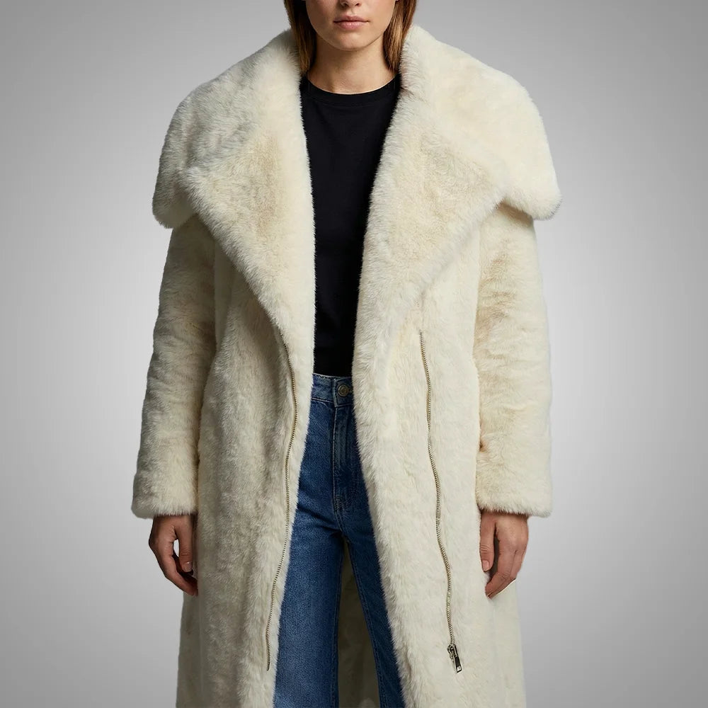 Cream Faux Fur Collar Padded Longline Jacket