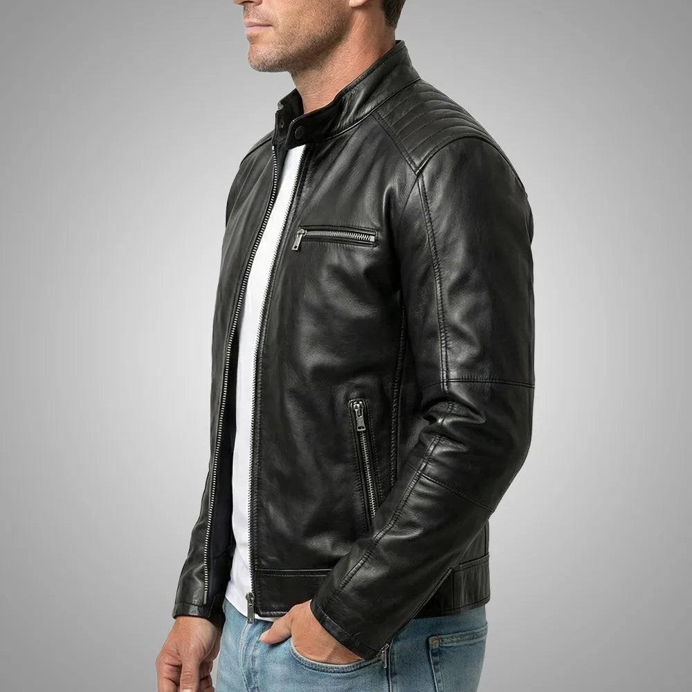 Handmade Men's Cowhide Black Biker Leather Jacket