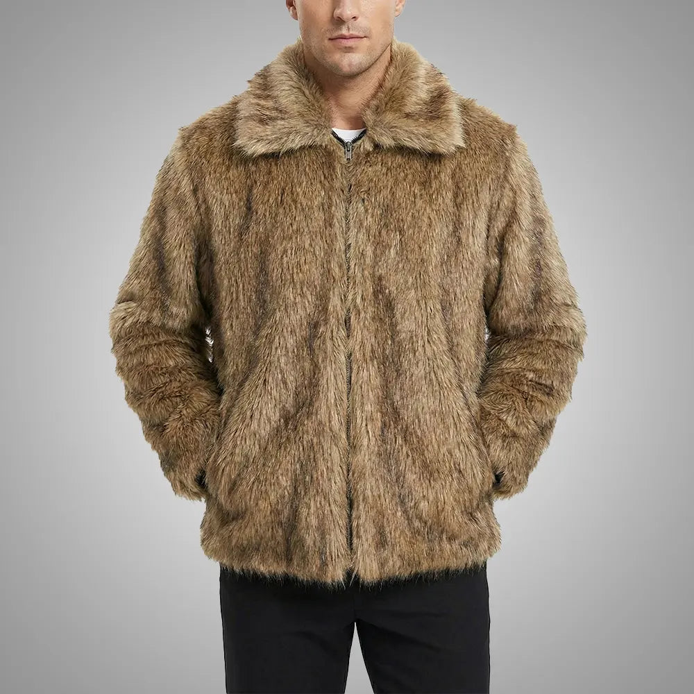 Men’s Faux Fur Jacket — Fleece Lined Winter Coat with Hood 