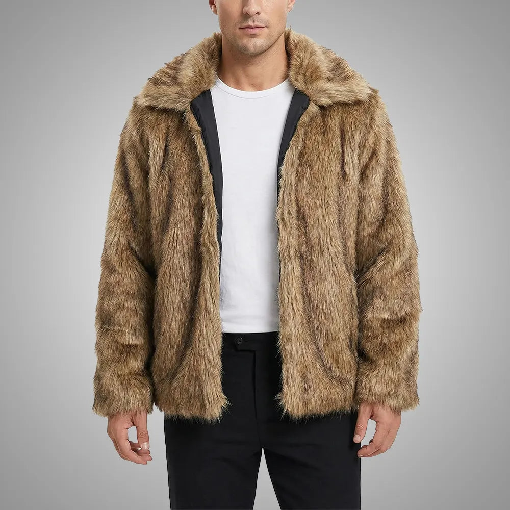 Men’s Faux Fur Jacket – Fleece Lined Winter Coat with Hood