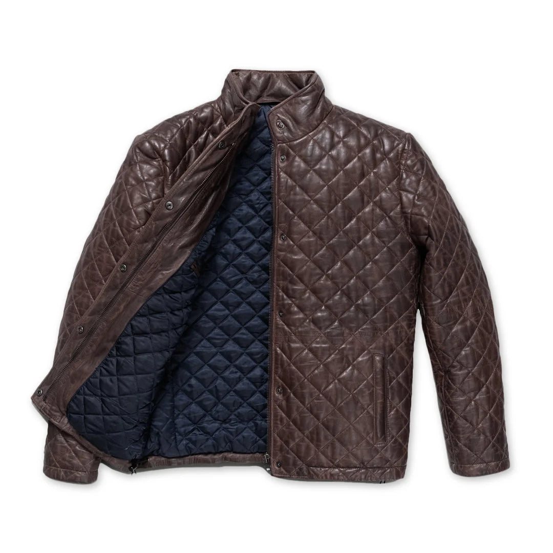 Quilted brown jacket on a white background