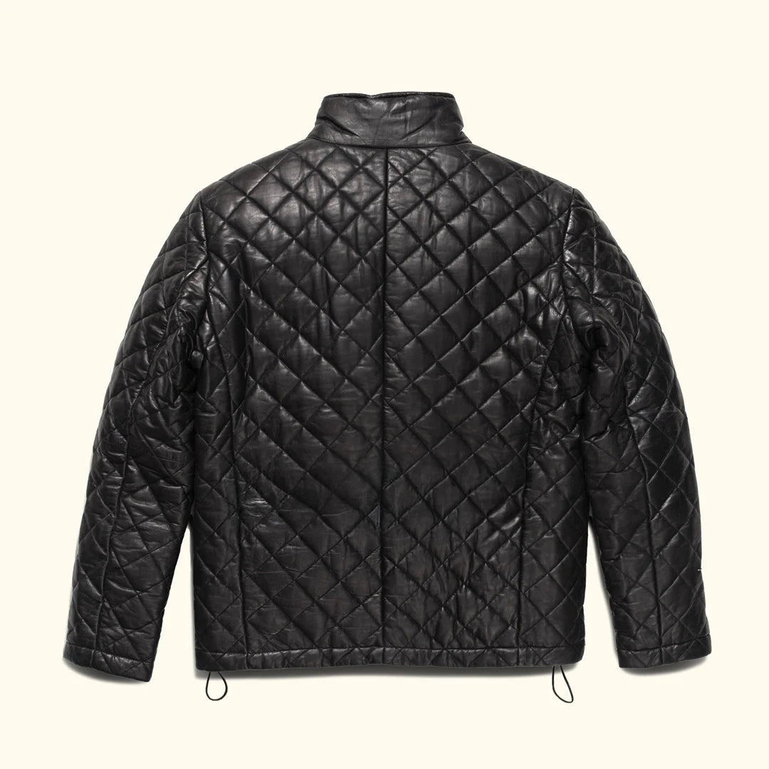 Black quilted jacket on a white background